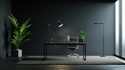 Dark office in plain monochrome with contemporary style work desk AI generated image