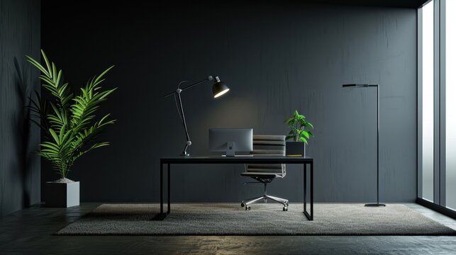Dark office in plain monochrome with contemporary style work desk AI generated image