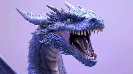 Naklejka premium Close-up of a fierce blue dragon with sharp teeth and scales against a light purple background, showcasing mythical fantasy creature details.