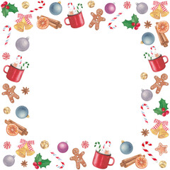 Square Watercolor Christmas Frame with Holiday Decorations