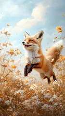Fototapeta premium A fox playfully jumping through a field of wildflowers, with a bright blue sky and the sun casting a warm glow.