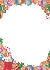 Watercolor Christmas Frame with Holiday Decorations