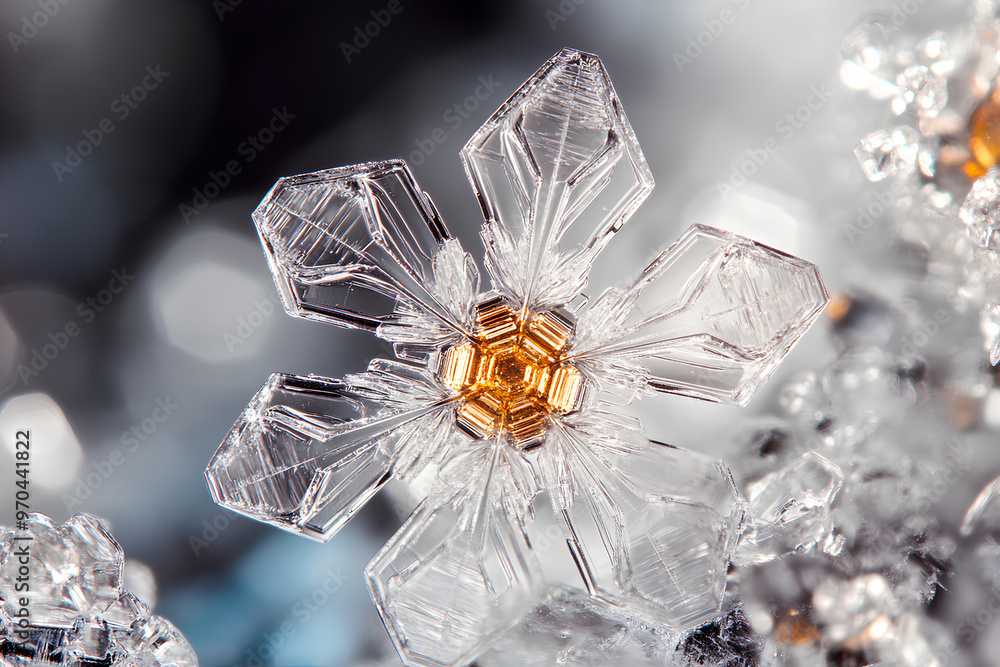 Poster a close-up of a snowflake showcasing its intricate crystalline structure.