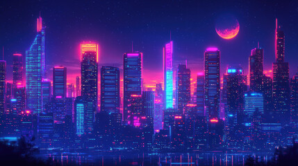 Obraz premium A vibrant futuristic neon cityscape at night, glowing with colorful lights and stunning moon
