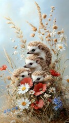 Obraz premium A group of hedgehogs playfully interacting in a grassy meadow surrounded by wildflowers.
