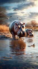 Fototapeta premium A group of hippopotamuses in a mud bath, blending into the earthy surroundings at sunset.