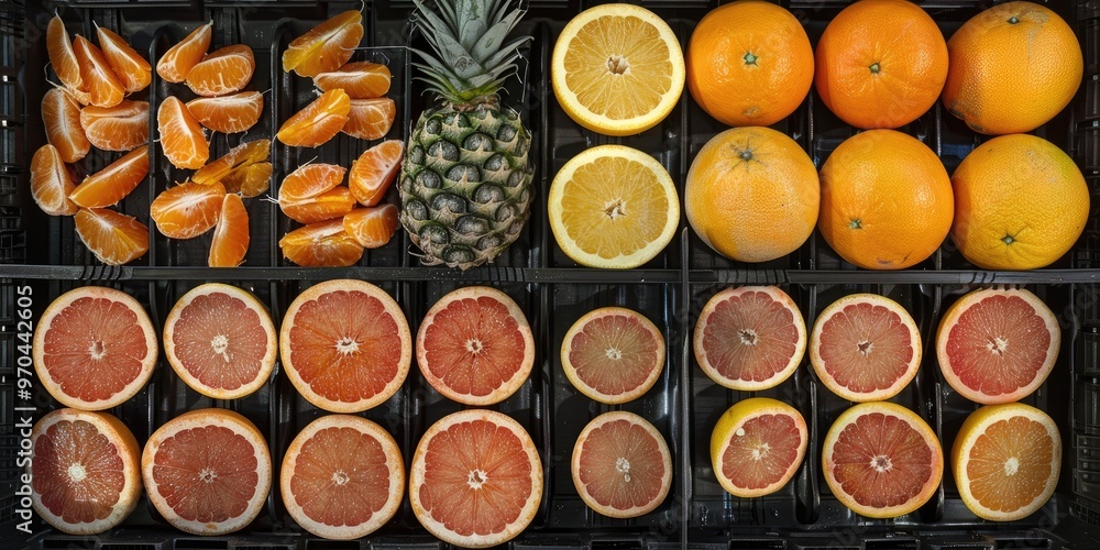 Poster market crates featuring fresh pineapples and citrus fruits with cut grapefruit and oranges showcasin