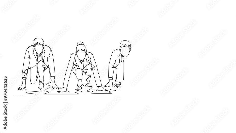 Aufkleber animated self drawing of continuous line draw group of businessman and businesswoman get ready on st