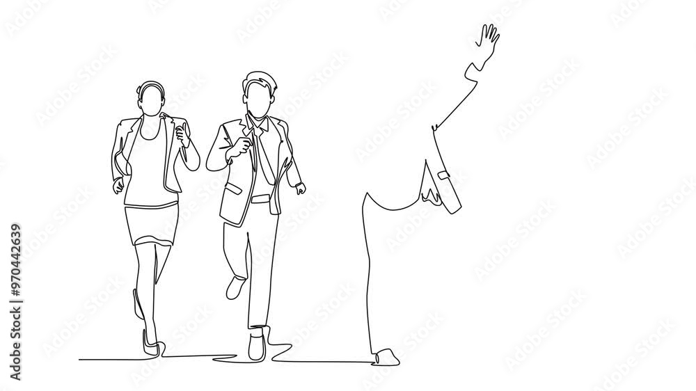 Poster self drawing animation of single line draw group of male and female worker doing sprint race on road