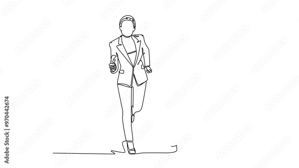 Poster self drawing animation single line draw female workers try to beat each others at running championsh