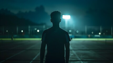 A silhouette of a person walking in the rain through a city, blending with the shadows, light, and reflections, conveying a concept of business, success, and solitude at night
