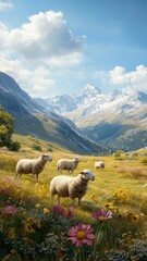 Obraz premium A group of sheep playfully interacting in a lush pasture with gentle slopes and wildflowers.