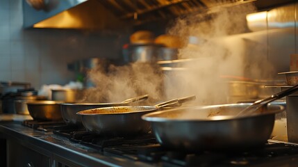Commercial kitchen with steam rising from pots on the stove, creating a warm, busy, and professional cooking atmosphere.