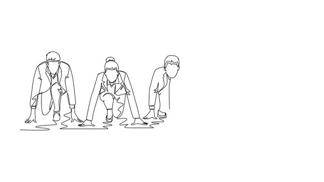 Animated self drawing of continuous line draw group of businessman and businesswoman get ready on start line to do sprint race. Business running competition concept. Full length single line animation