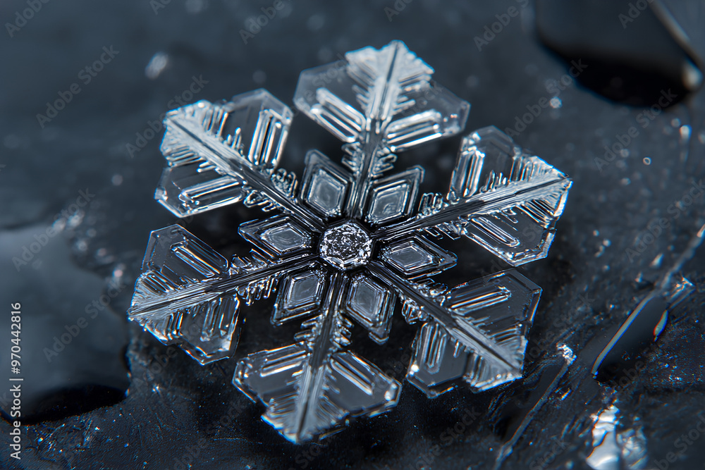 Poster A detailed close-up of a snowflake resting on a dark surface, showcasing its intricate structure.