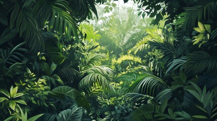 Lush green tropical foliage with sunlight filtering through the leaves, creating a dappled effect.