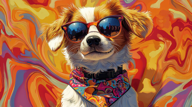 A playful cartoon dog wearing sunglasses and colorful bandana radiates joy