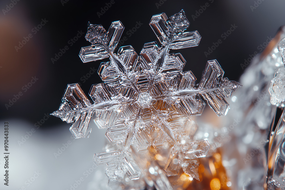 Poster a close-up of a snowflake showcasing its intricate crystalline structure.