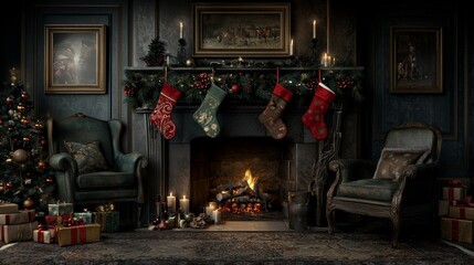 Fototapeta premium Cozy Christmas Fireplace with Stocking Decor and Presents