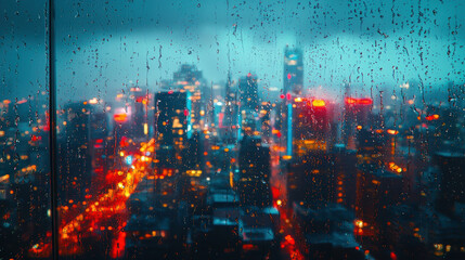 Fototapeta premium A cityscape viewed through glass window with raindrops creates moody atmosphere
