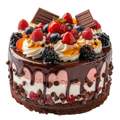 Indulge in this decadent chocolate cake topped with fresh berries, chocolates, and creamy frosting, perfect for any celebration.