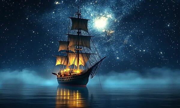 sailing ship in the middle of ocean waves under the starry sky at night, animation video background