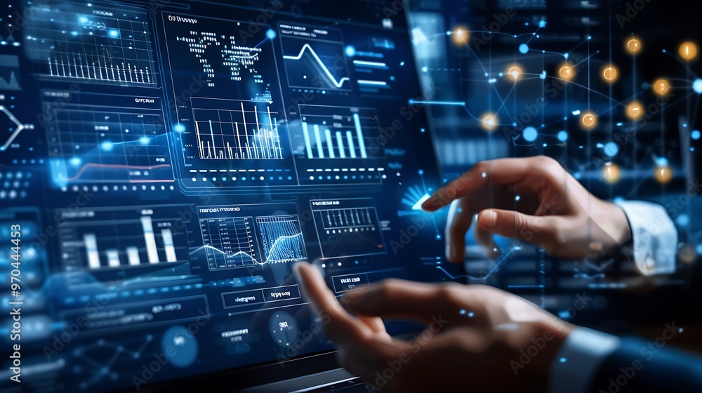 Poster data analyst working with digital screen analysing data, business theme, data analyst, digital scree