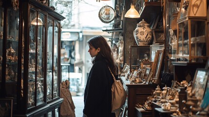 A young woman explores a quaint shop filled with nostalgic relics, eager to uncover vintage treasures imbued with history.