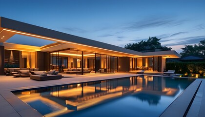 Elegant Modern Villa at Dusk with Pool, Featuring Warm Lighting and Tranquil Atmosphere in a Luxurious Architectural Design