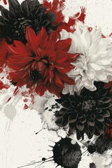 A striking composition of black, red, and white flowers with splashes of color, creating a bold and artistic visual impact.