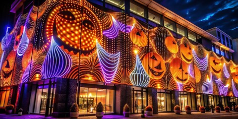 "Vibrant LED lights in swirling patterns of orange, purple, and black adorn a sleek, modern facade, capturing the essence of Halloween sophistication."