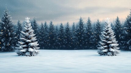 Fototapeta premium Winter Wonderland Snowy Forest with Christmas Lights