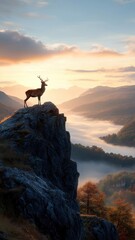 A deer perched on a high cliff, overlooking a misty valley at sunrise, with early morning fog adding a mystical touch.