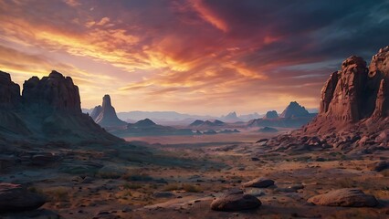 Naklejka premium Colorful abstract background view of space from surface of a planet with hills and mountains view in horizon, endless galaxy with nebulas, stars and planets