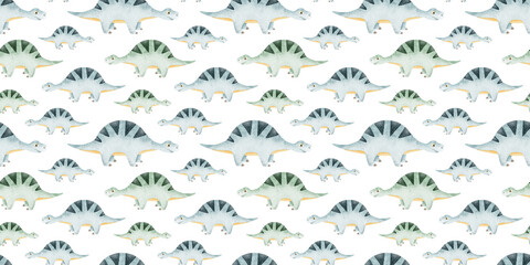 Herd of Cute blue sauropod dinosaurs. Childish background with dinos. Watercolor seamless patterns for design kid's rooms, scrapbook, clothes, textile