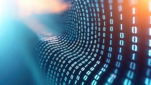 Minimalist background with binary code 0s and 1s flowing horizontally across a soft gradient, creating a subtle tech aesthetic
