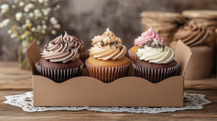  Cupcake Box. The package display an assortment of delicious cupcakes in various flavors. In the background is a wooden table topped with a lace doily.in vintage style