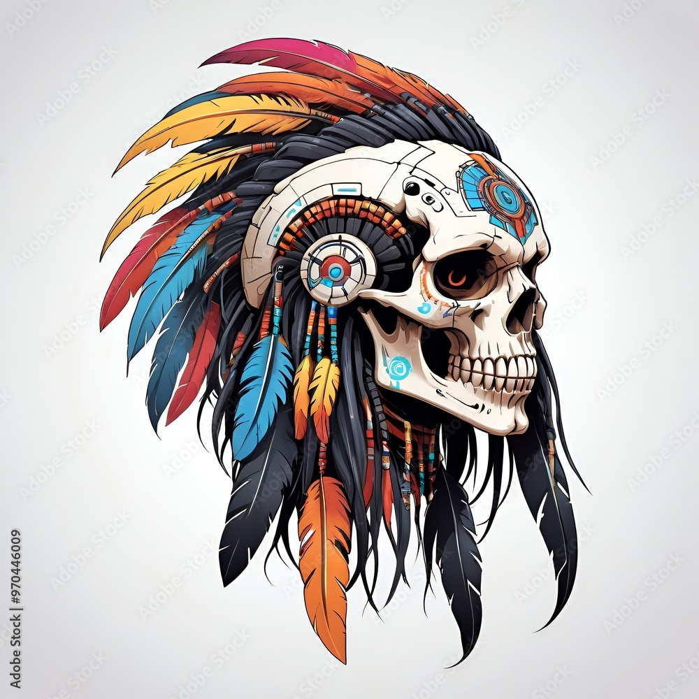 Sticker Cyberpunk Skull with Native American Headdress