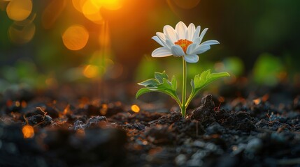White flower blooms in soil