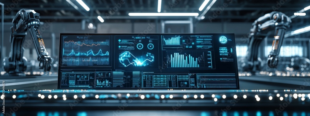Aufkleber industrial robotic arms and data display in a futuristic factory setting.