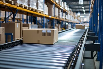 A sleek warehouse hub highlights the seamless flow of packages on conveyor systems, emphasizing cutting-edge logistics and operational efficiency.