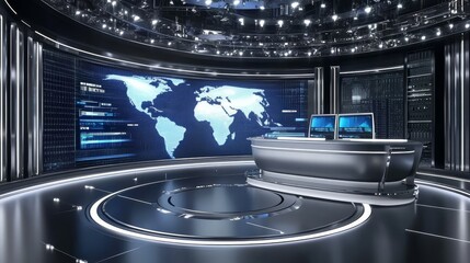 Futuristic news studio with world map. Advanced technology for broadcasting current events. Perfect virtual set for TV, media, and presentations.