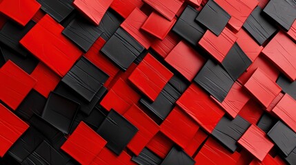 A textured abstract design featuring interlocking red and black squares, creating a dynamic visual pattern.