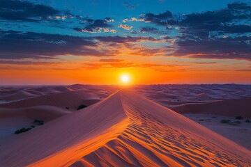 Sunset over the desert of Al Khatim in Abu Dhabi, Emirates. Golden Sand Dune Desert Landscape Panorama. Beautiful sunset over the sand dunes in the Al Khatim in Abu Dhabi, Emirates , ai
