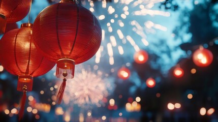 Obraz premium Red Chinese lanterns hang against a backdrop of fireworks and bokeh lights.