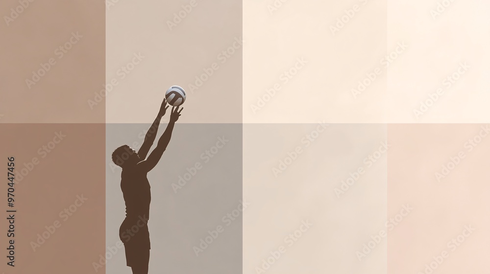 Aufkleber Volleyball player silhouette diving to save the ball with sharp motion lines capturing teamwork effort and quick reflexes Large space for text in center Stock photo with copy space