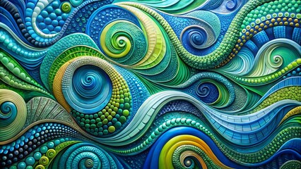 Vibrant swirls of blues and greens blend with undulating geometrics in a dynamic, oversized piece with bold, textured finish.