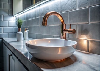 "Close-up shot of a white bathroom sink with a copper water pipe curving under the counter, surrounded by soft gray tile and subtle ambient lighting."