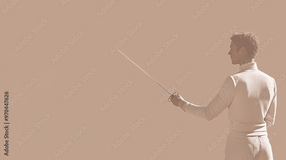 Aufkleber Fencer silhouette parrying an attack with sharp motion lines and sparks flying off the swords symbolizing precision Large space for text in center Stock photo with copy space