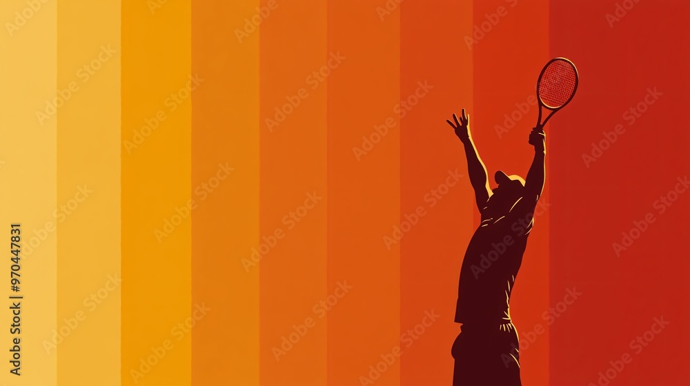 Poster Tennis player silhouette mid-serve with powerful action lines showing intensity and focus in the dynamic moment Large space for text in center Stock photo with copy space